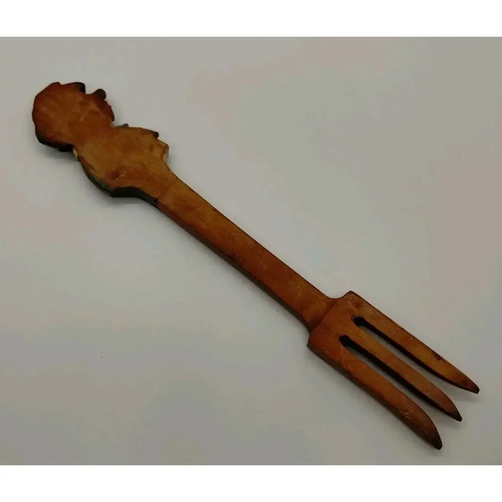 Vintage Painted Folk Art ANRI? Carved Wood Salad Fork Man Sicily Italy Wooden